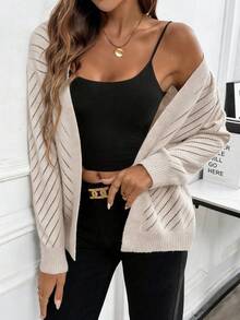 SHEIN Elenzya Light Apricot Ribbed Knit Cardigan, Casual Commuter Wear, Spring/Summer - Apricot - View 6