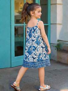 少女碎花印花休闲/度假A字吊带裙，细肩带，飘逸A字廓形，轻薄面料，适合夏季海滩/度假穿着 - 藍色 - 查看 2