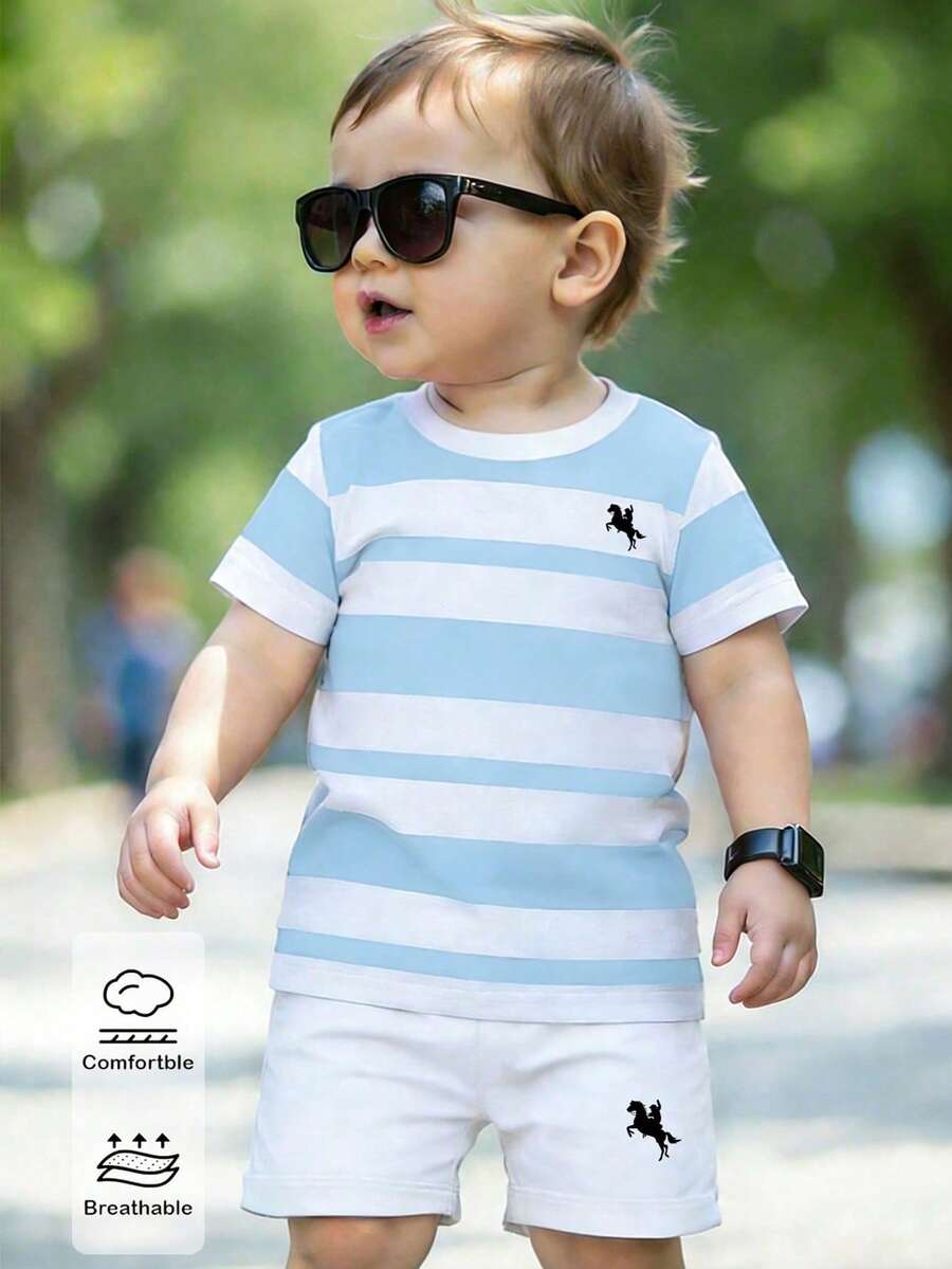Souflis Souflis Spring And Summer 2-Piece Outfit: Toddler Boys' Casual Striped Horse Print Short Sleeve T-Shirt And Shorts Set, Comfortable Daily Wear, Suitable For Spring And Summer