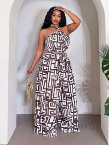 Slaydiva Frühlings-/Sommer-Neuheit, locker sitzender ärmellose Jumpsuit mit Trägerhalsband, Taillenbindung und weitem Bein, abstraktes geometrisches Muster, Wickelkleid in Große Größen für Damen, Rabattcode für Damenkleider "Wow Dress", Jumpsuit in Große Größen, Palazzo-Jumpsuit in Große Größen - Verschiedenfarbig - Übersicht 4