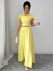 SHEIN Elenzya 优雅浪漫度假风及职业女性衬衫+中长裙两件套 - 黃色 - 查看 4