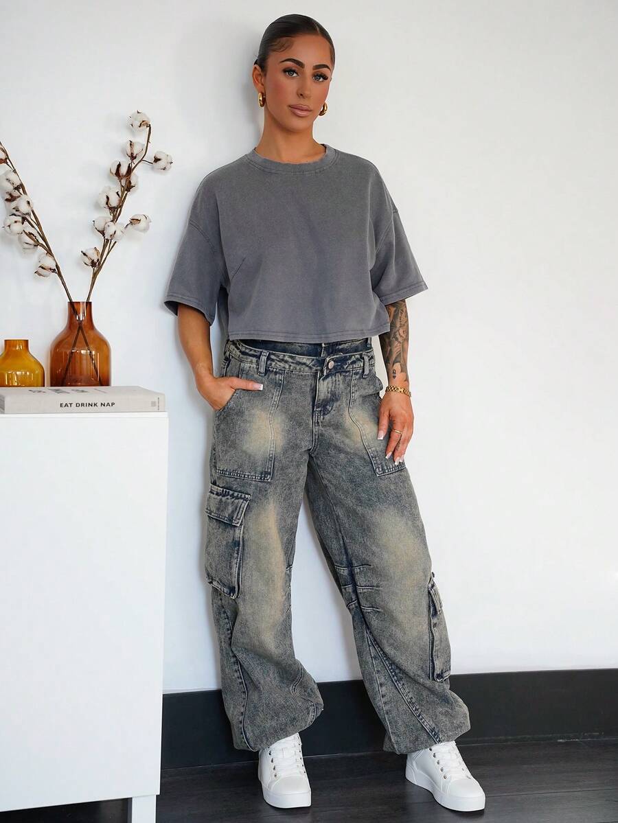 SAYEHFBABY 棉质休闲短袖短款T恤 - 灰色 - 查看 1