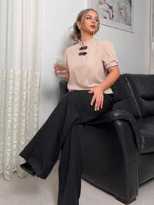 Jeta Ari 女士优雅浪漫约会泡泡袖拼接纽扣衬衫，春夏，情人节 - 杏色 - 查看 4