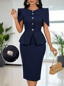 SHEIN Lady Bộ đồ công sở nữ gồm áo cổ tròn cài cúc đơn và chân váy, thích hợp mặc đi làm (2 món). - Màu xanh hải quân - Xem 1