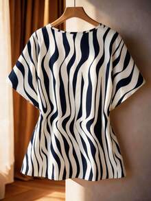 Franclia 大码梭织条纹插肩短袖系带休闲衬衫，春夏斑马纹连衣裙，短袖连衣裙，条纹连衣裙，图案连衣裙，斑马纹连衣裙，束腰连衣裙，女装，斑马纹上衣，女式上衣，夏季上衣，女式衬衫 - 藏蓝色 - 查看 2