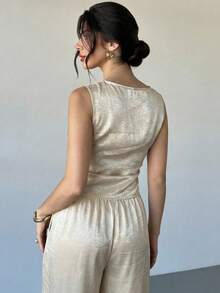 Firerie Women's Casual Elegant Cupro Silk Wide-Leg Pants Two Pieces Set / Apricot Set / Off-Shoulder Set / Metallic Fabric / Summer Cool Set / Summer Outfit For Women / Wedding / Casual Sets For Women / Women's Luxury Set Jumpsuits For Women For Wedding Birthday Outfits For Women Jumpsuit Ladies Jumpsuit For Party - Apricot - View 8