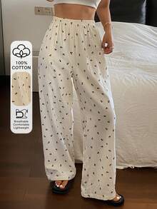 DAZY Quần pajama nữ dáng rộng họa tiết hoa anh đào - Màu be - Xem 4