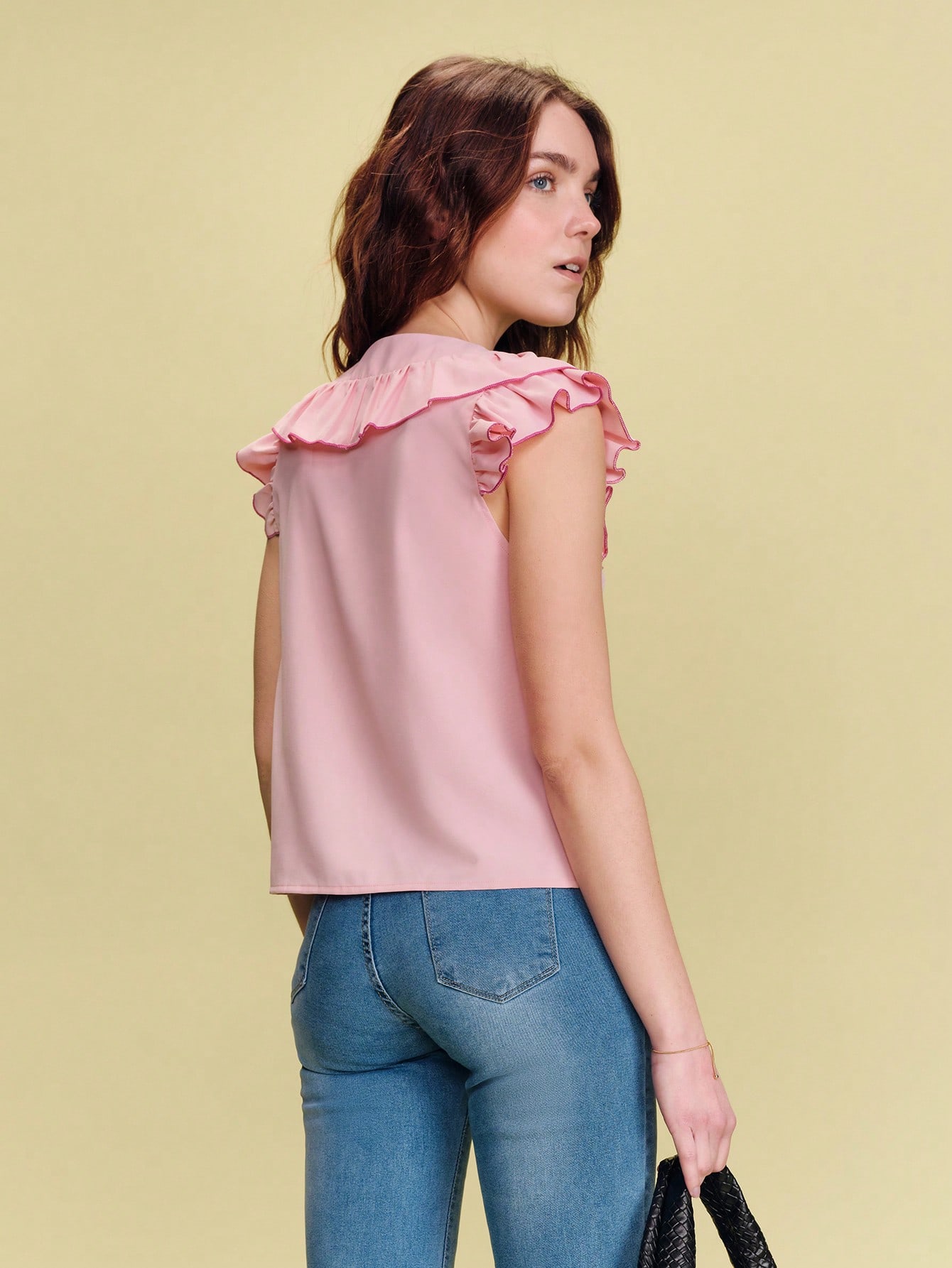 Pink Top With Ruffles And Fuchsia Piping, Cute Style Spring Summer French Style Parisian Style Elegant Top Going Out Top