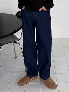 DAZY 男士修身长款深蓝色牛仔裤，适合春秋季穿着 - 藍色 - 查看 8