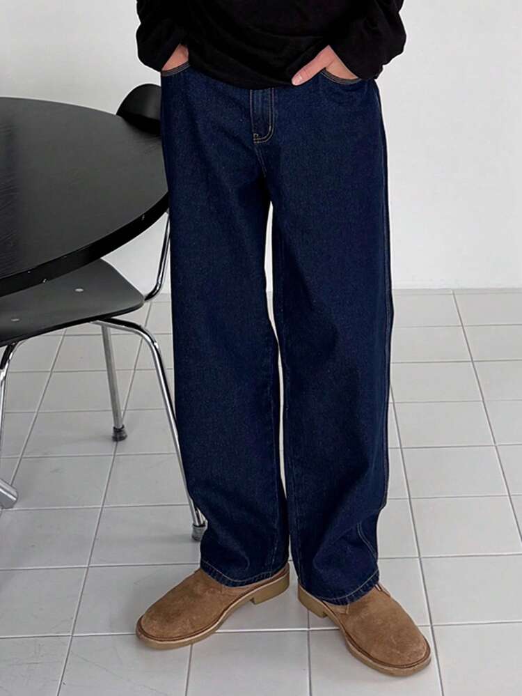 Men's Slim Fit Long Dark Blue Denim Jeans, Suitable For Spring And Autumn