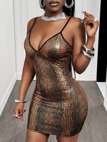 SHEIN BamGlam Váy hai dây ngắn in họa tiết da rắn dành cho nữ - Vàng - Xem 5