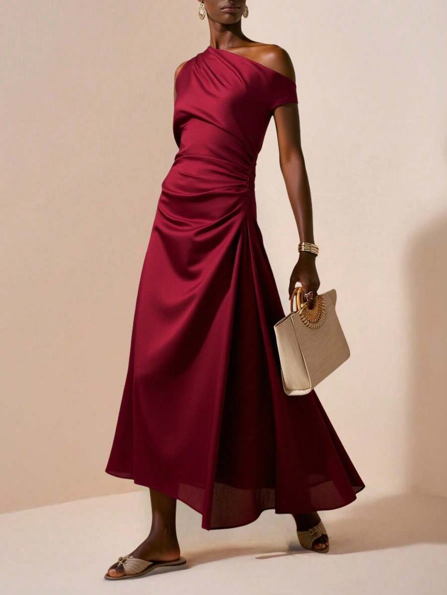 Zivah Burgundy, Autumn, Elegant, Bar Party Women's Dress, Dropped Shoulder One-Shoulder Pleats Asymmetric Design, Linen-Textured Fitted Waist Long A-Line Skirt