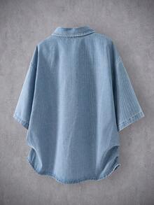 GALLERY FADE Loose Collar Open Slit Striped Short Sleeve Polo Casual Versatile - Light Wash - View 2