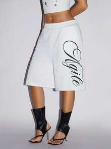 SHEIN ICON Women's Letter Print Elastic Waist Pockets Loose Casual Shorts - White - View 3