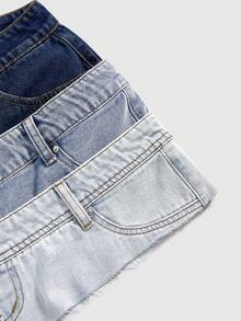 ROMWE Grunge Punk Multi-Layer Gradient Washed Low-Waist Mini Denim Skirt - Blue - View 4