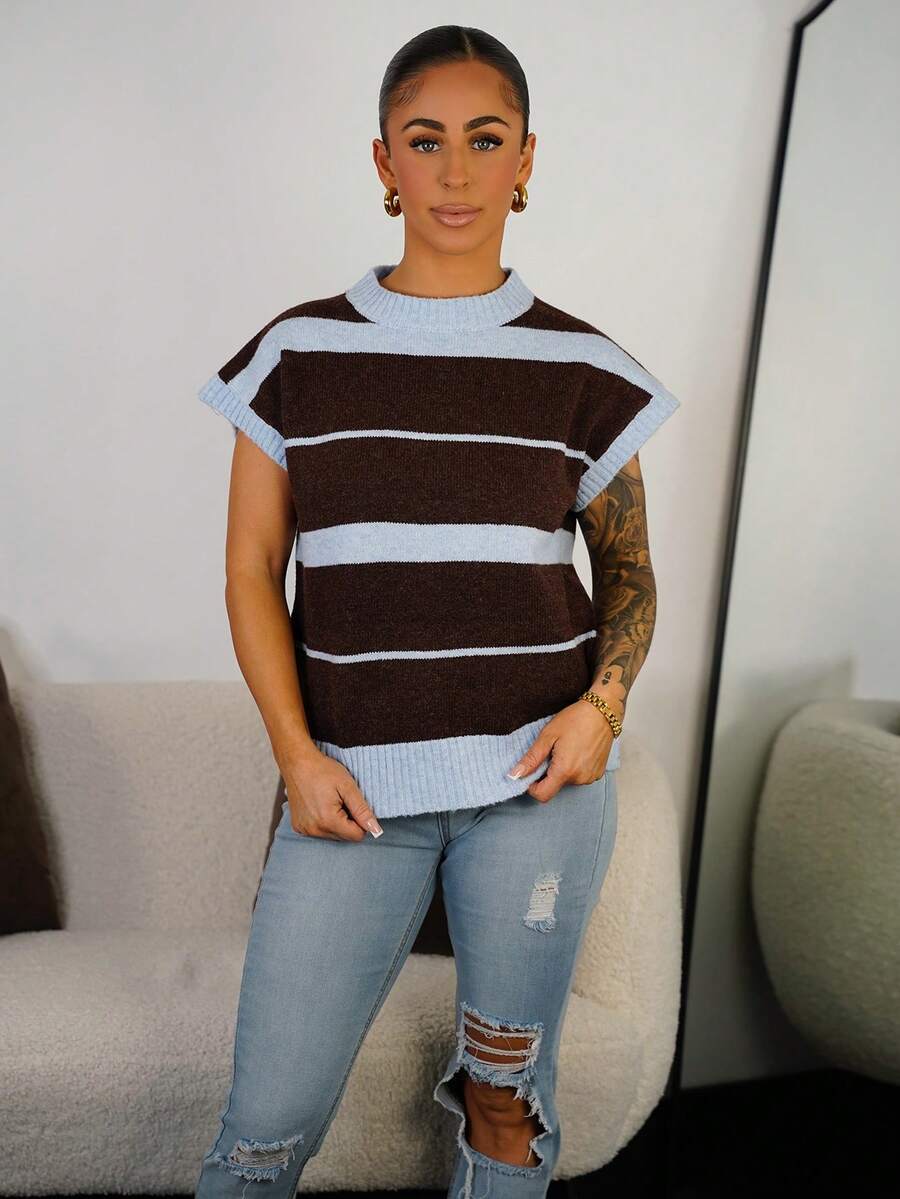SAYEHFBABY Women's Striped Knit Loose Casual Short Sleeve Crew Neck Top Summer - Multicolor - View 1