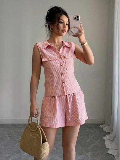 Conjunto de Blusa Sin Mangas de Rayas a Dos Tonos para Mujer con Shorts - Estilo Clásico de Cuello, Ajuste Holgado, Ideal para Ocasiones Informales y Reuniones de Té, Transpirable y Cómodo