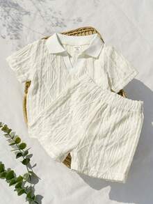 SHEIN Vintaside Kids طقم ملابس علوية كاجوال قصير الأكمام مع شورت جينز مغسول مناسب للاستخدام اليومي والتخييم العائلي والتسوق والتناول، مصمم بسيط مناسب للأطفال الصغار - لون مشمشي - مشاهدة 4