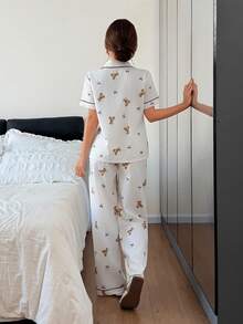 SHEIN Napfluff 可爱卡通熊印花蝴蝶结上衣和裤子女士睡衣套装，柔软睡衣套装，熊印花睡衣，可爱睡衣，春夏服装，可爱泰迪熊睡衣套装，卡哇伊睡衣，可爱睡衣套装 - 棕色 - 查看 2