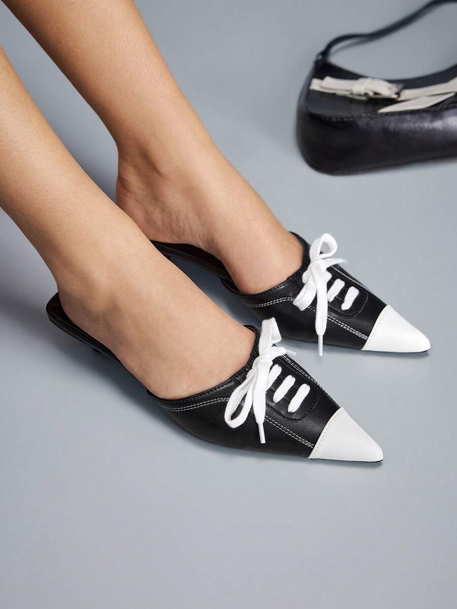 CUCCOO GRLICON Giày cao gót mũi nhọn buộc dây hở gót màu đen trắng, kiểu dáng thập niên 2000, thời trang Y2K, thích hợp cho mùa xuân, mùa hè và kỳ nghỉ. - màu đen - Xem 1