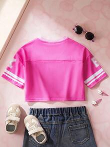 HELLO KITTY AND FRIENDS | SHEIN 少女休闲时尚街头运动卡通字母印花V领宽松短款T恤，夏季 - 粉色 - 查看 2