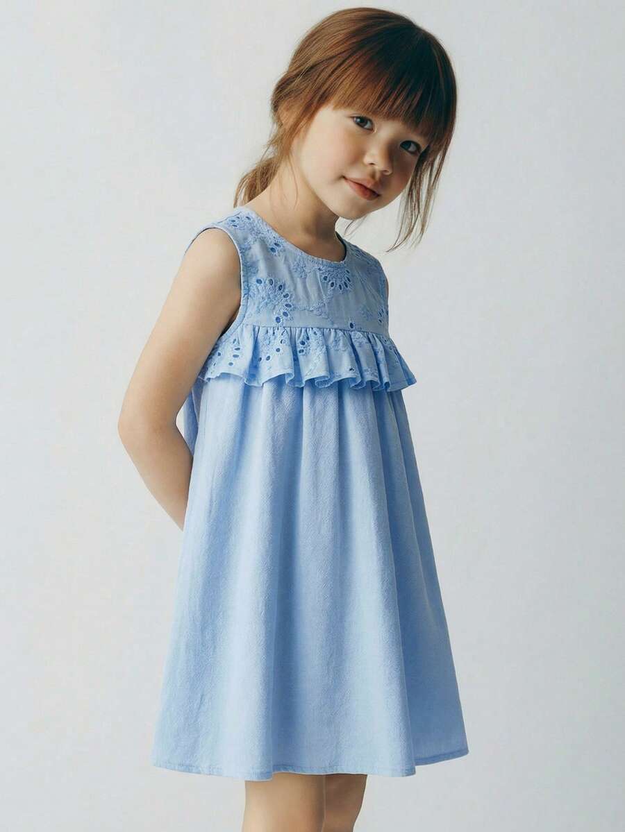 Maija Kids 1件装少女休闲优雅精致宽松梭织刺绣镂空荷叶边蓝色无袖连衣裙，适合日常穿着、返校、郊游、聚会、节日、春夏穿着。 - 藍色 - 查看 1