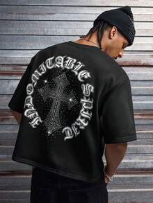 AXEPEAK 男士休闲宽松短袖T恤，白色，带印花水钻手工标签，夏季 - 黑色 - 查看 5