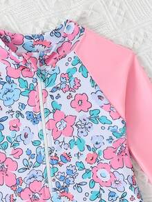 SHEIN Baby Girl Swimsuit Island & Palm Tree Flower Print Long Sleeve Zipper One-Piece Rash Guard,Cute Ruffle Sun Protection Bathing Suit,Summer,Holiday - Multicolor - View 3