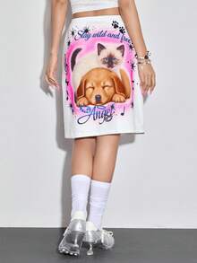 ROMWE 可爱休闲 Y2K 甜美萌系动物猫狗印花女式迷你裙 - 粉色 - 查看 7