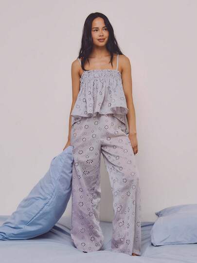 Athîral Women's Casual Gray Embroidered Fabric Pajama Set, Includes Camisole And Loose Fit Pants