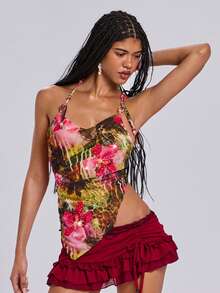 ROMWE Y2K Spring/Summer Beach Vacation Sexy Plumeria Print Halter Neck Sleeveless Top With Cylindrical Hem Decor - Green - View 5