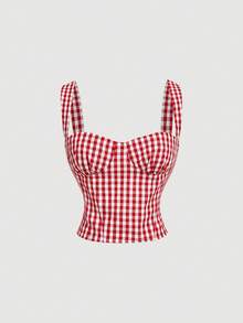 SHEIN MOD 红白格子修身胸衣女式衬衫 - 紅白色 - 查看 7