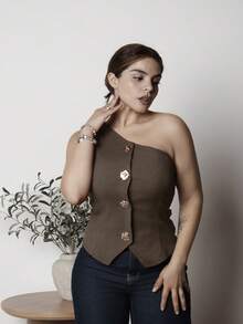 Lupita Cardoza 时尚百搭 S 形黑色金属扣装饰性感不对称领口上衣，适合春夏季女士 - 咖啡棕 - 查看 4