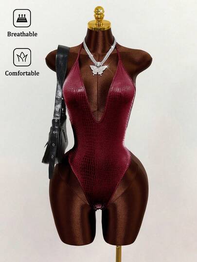  Y2K Mistrie Red Casual Party Bodysuit For Women Burgundy Bodysuit Snake Skin Texture Glossy Coated Bustier Bodycon Bodysuit For Women Party Sexy Body Suit