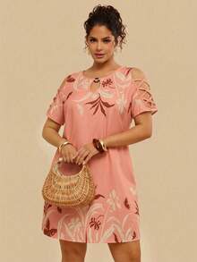Travachic Plus Size Women Floral Print Casual Short Sleeve Dress - Multicolor - View 3