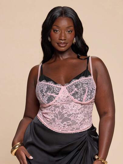 SHEIN BAE Top de camisola de encaje rosa con parches para mujer de talla grande, sexy para festival de música