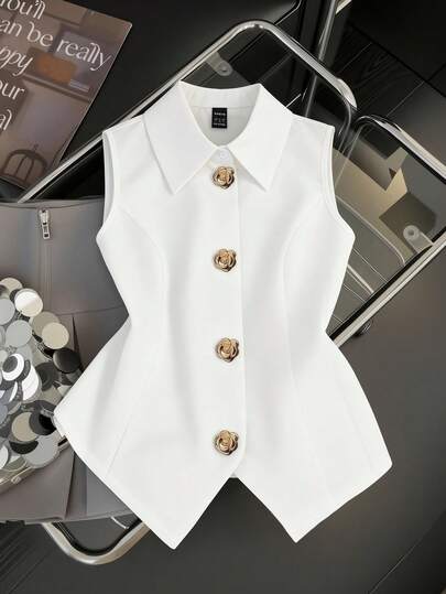 Franclia Chaleco sin mangas de color blanco puro, con tela drapeada, delgado y ordenado, bajo asimétrico en línea A con botones en color oro rosa, creando un estilo elegante de oficina y urbano chic