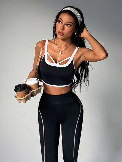 Dewbera 1pc Moisture-Wicking Contrast Color Basic Seamless Sports Tank Top, Suitable For Fitness, Yoga