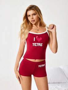 Tetris™ X SHEIN 女士舒适字母印花吊带背心短裤睡衣套装，夏季 - 紅白色 - 查看 4