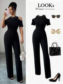 Elenzya Mono elegante de mujer con hombros descubiertos y decoración de perlas falsas, adecuado para primavera, verano y otoño, para uso diario, ir al trabajo y citas - Negro - Ver 3