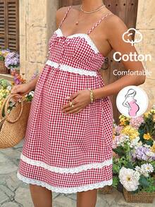 SHEIN 孕妇印花撞色荷叶边无袖连衣裙，夏季度假风 - 紅白色 - 查看 6