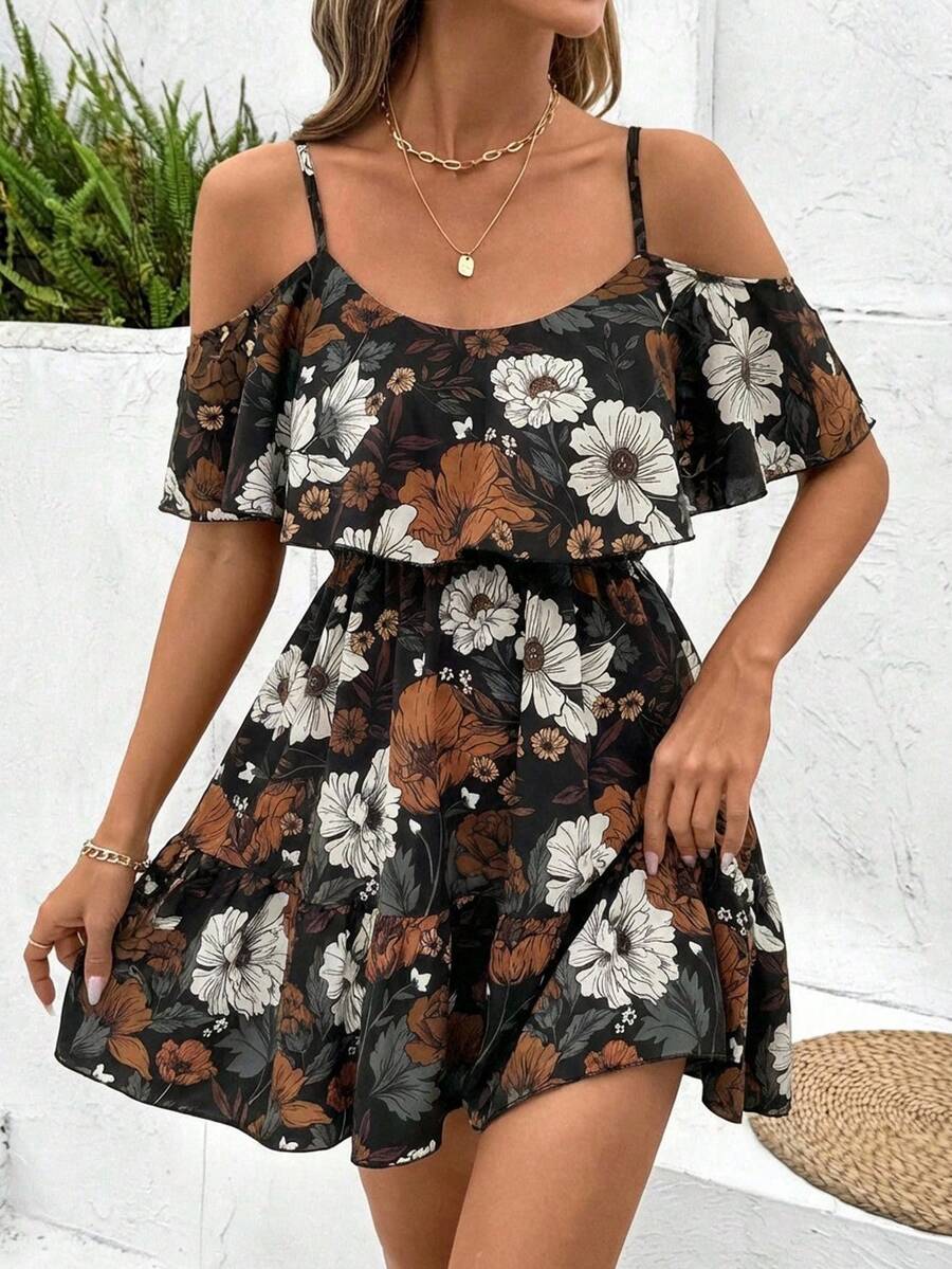 SHEIN Clasi Đầm ngắn dáng chữ A trễ vai xếp ly, cổ chữ V, eo thon, in họa tiết hoa thanh lịch dành cho nữ. - Nhiều màu - Xem 1