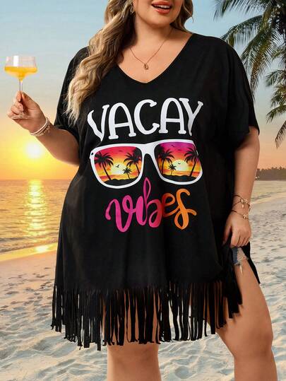 SHEIN CURVE+ Curve Size US22Music Festival, Seaside Vacation, Bohemia Women's V-Neck Printed Loose Beach Cover-Up Top, Suitable For Summer Beach Vacation