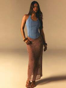 Athîral 夏季女士休闲露背吊带牛仔上衣 - 中等水洗藍 - 查看 3