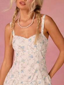 Athîral Women's Casual Vacation Sleeveless Off Shoulder Blue Embroidered Mini Dress, Suitable For Spring And Summer Wear, Date Party Wear, Graduation Dress, Wedding Wear, Cute And Playful Dress, Date Party Wear, Music Festival Wear, Holiday Wear - Blue and White - View 6