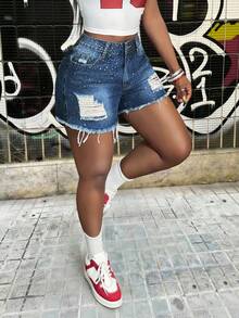 Slaydiva Women's Casual Denim Shorts With Pockets, Distressed Holes And Rhinestone Decor Ladies Y2k Summer Ripped Shorts Rhinestone Shorts - Blue - View 2