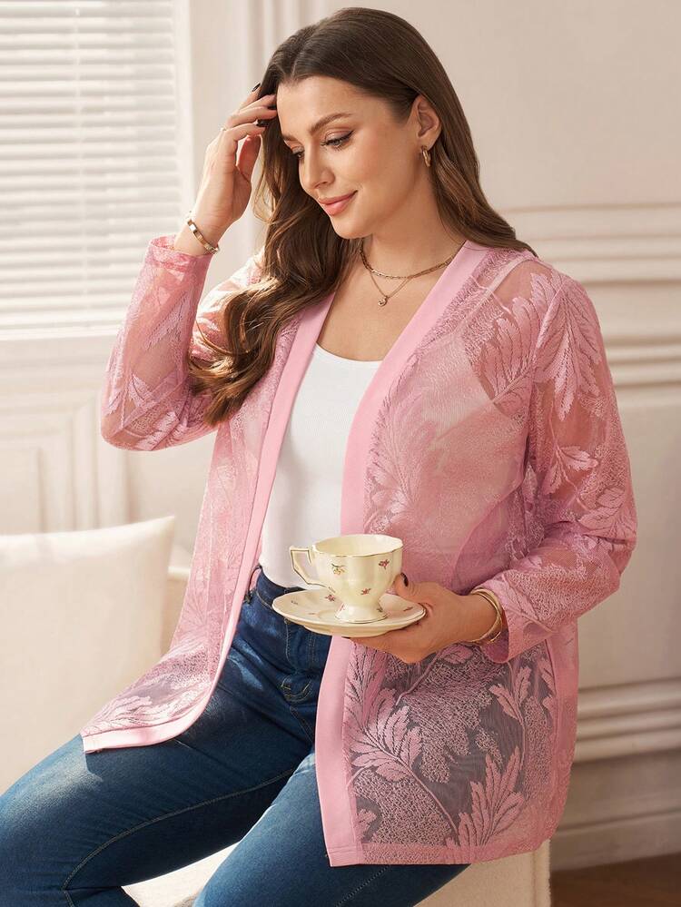 Plus Size Women's Summer Casual Vacation  Pink Long Sleeve Jacket, Summer\Vacation,Summer Holiday,Spring Break Outfits ,Vacation Outfits Women ,Holiday Outfits For Women,Going Out Outfits,2026 New Clothes,Simple And Fashionable For Everyday Wear,Suitable For Summer, Vacation, Daily Wear, Pink Cardigan For Women, Lace Cardigan, Lightweight Cardigan