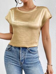 Firerie Áo sơ mi nữ cổ tròn xếp ly tay cánh dơi bằng vải satin màu trơn, áo tay ngắn - Rượu sâm banh - Xem 5