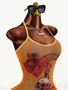 Mistrie 2026 Street Hip-Hop Mini Skirt, Y2K Style Bad Girl Style Tight Fitting Mini Mesh Dress With Skull And Rose Prints, Suitable For Women's Summer Fashion In Street And Party Outfits - Orange - View 3