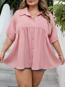SHEIN CURVE+ Taglie curvy US22 Blusa stile francese con bottoni frontali, adatta per festival musicali, vacanze al mare, stile bohémien estivo. Tessuto confortevole e strutturato, casual e ampia, maniche corte, ideale per vacanze, spiaggia, laurea, tea festa, uscite. - Rosa antico - Visualizzare 8